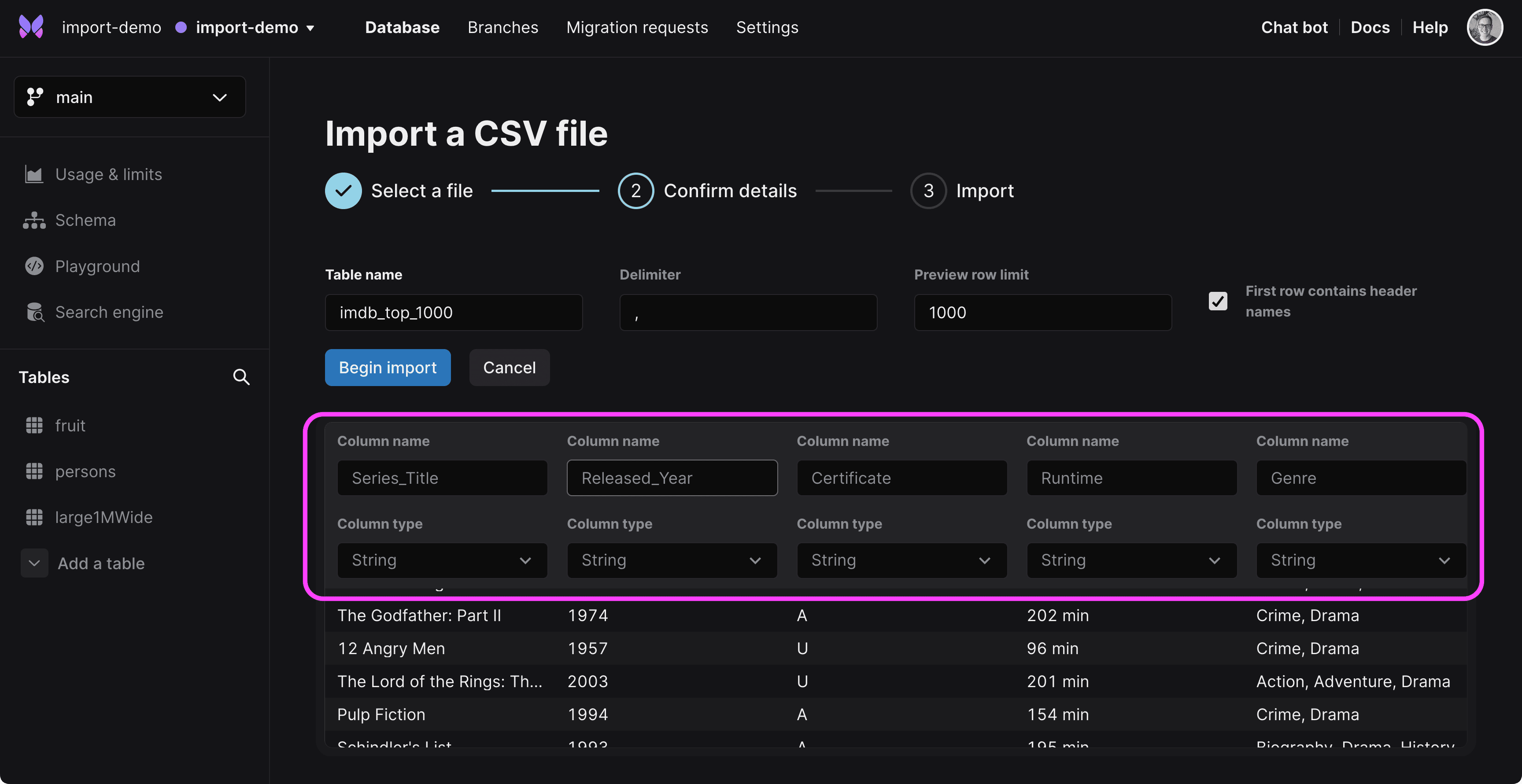 Selecting the column types