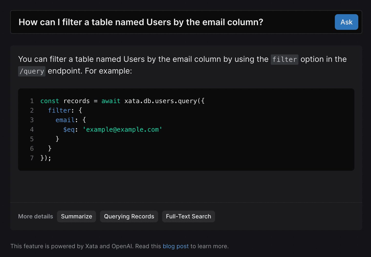 Question for the Xata bot: How can I filter a table named Users by the email column?