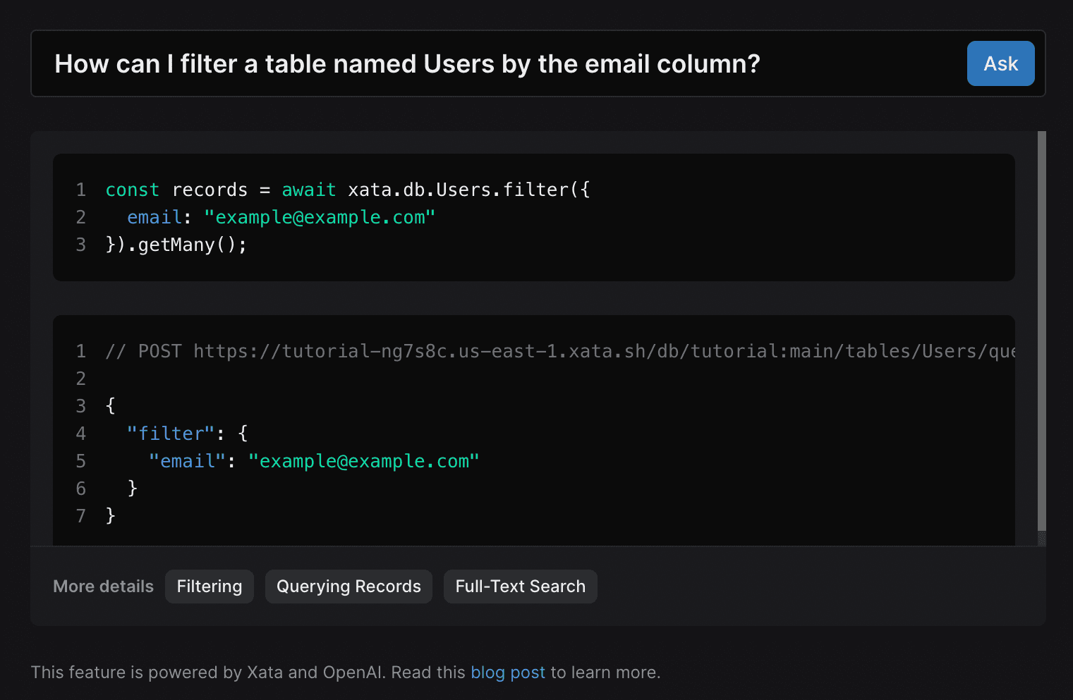 Question for the Xata bot: How can I filter a table named Users by the email column?