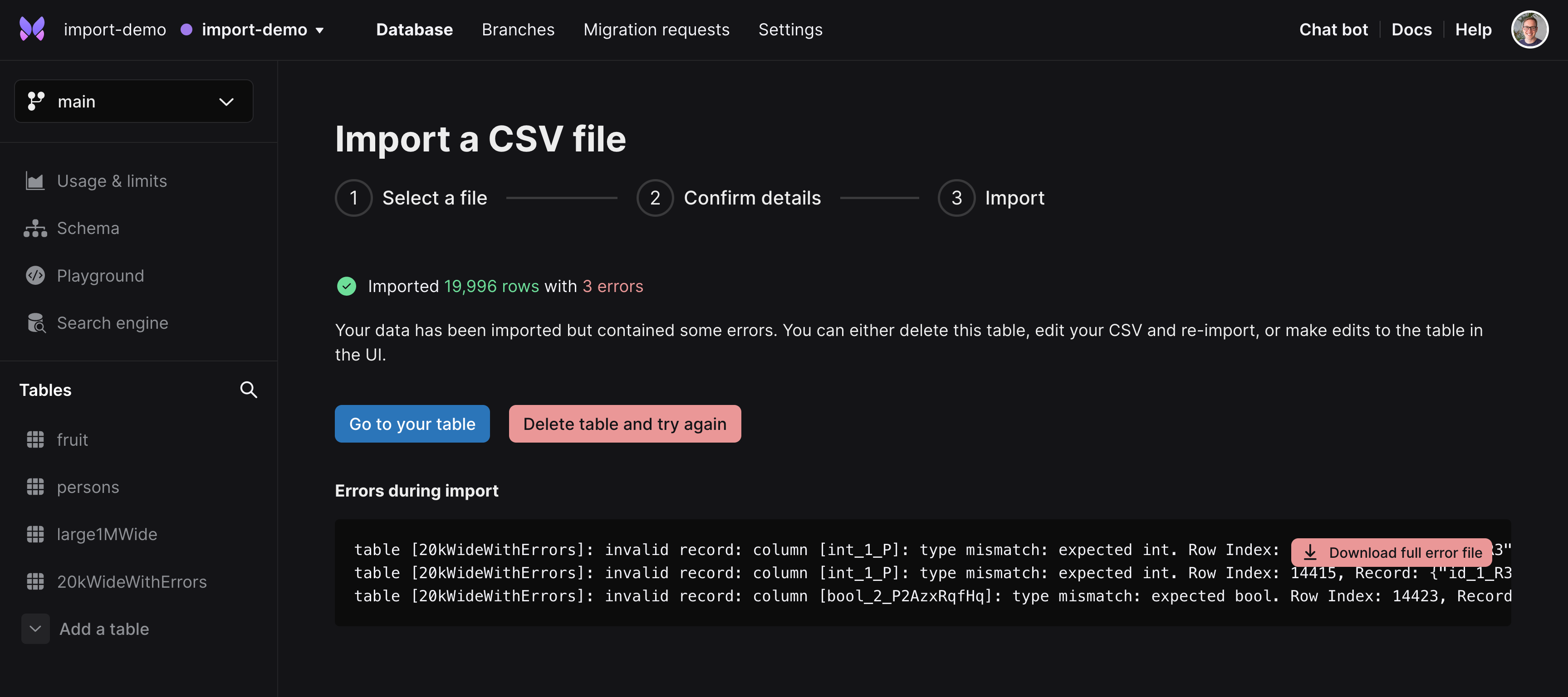 Showing the CSV import errors