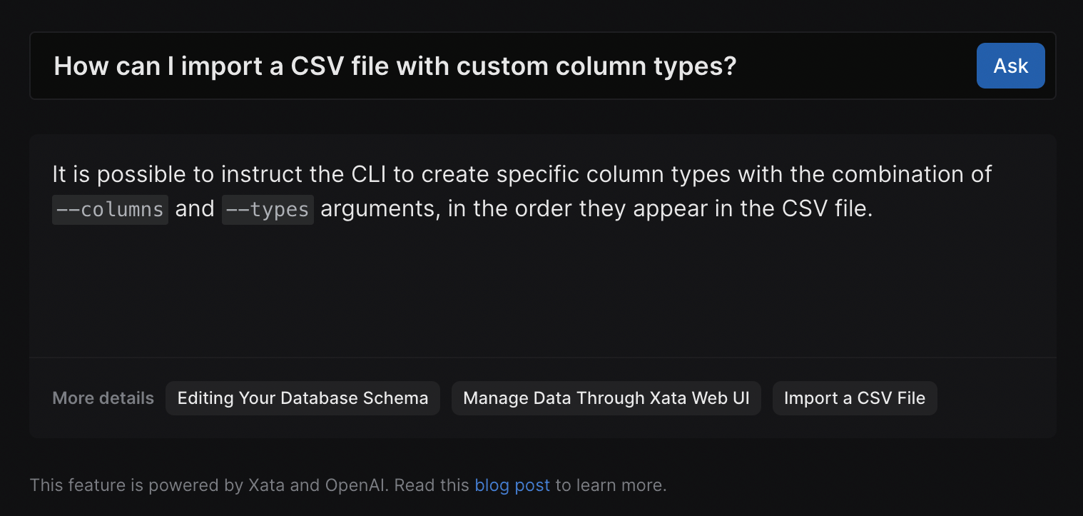 Question for the Xata bot: How can I import a CSV file with custom column types?