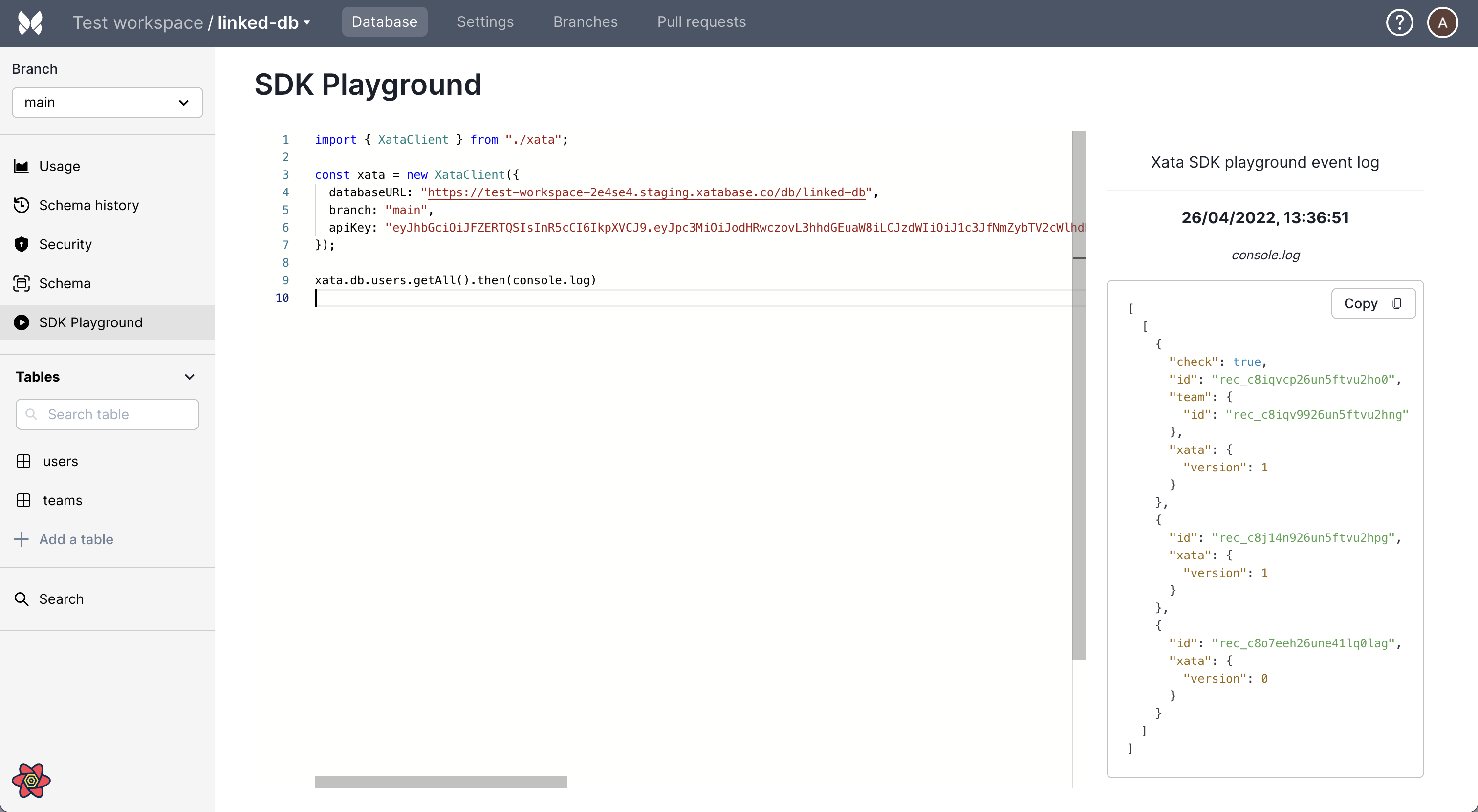 Screenshot of the first version of the Xata Playground