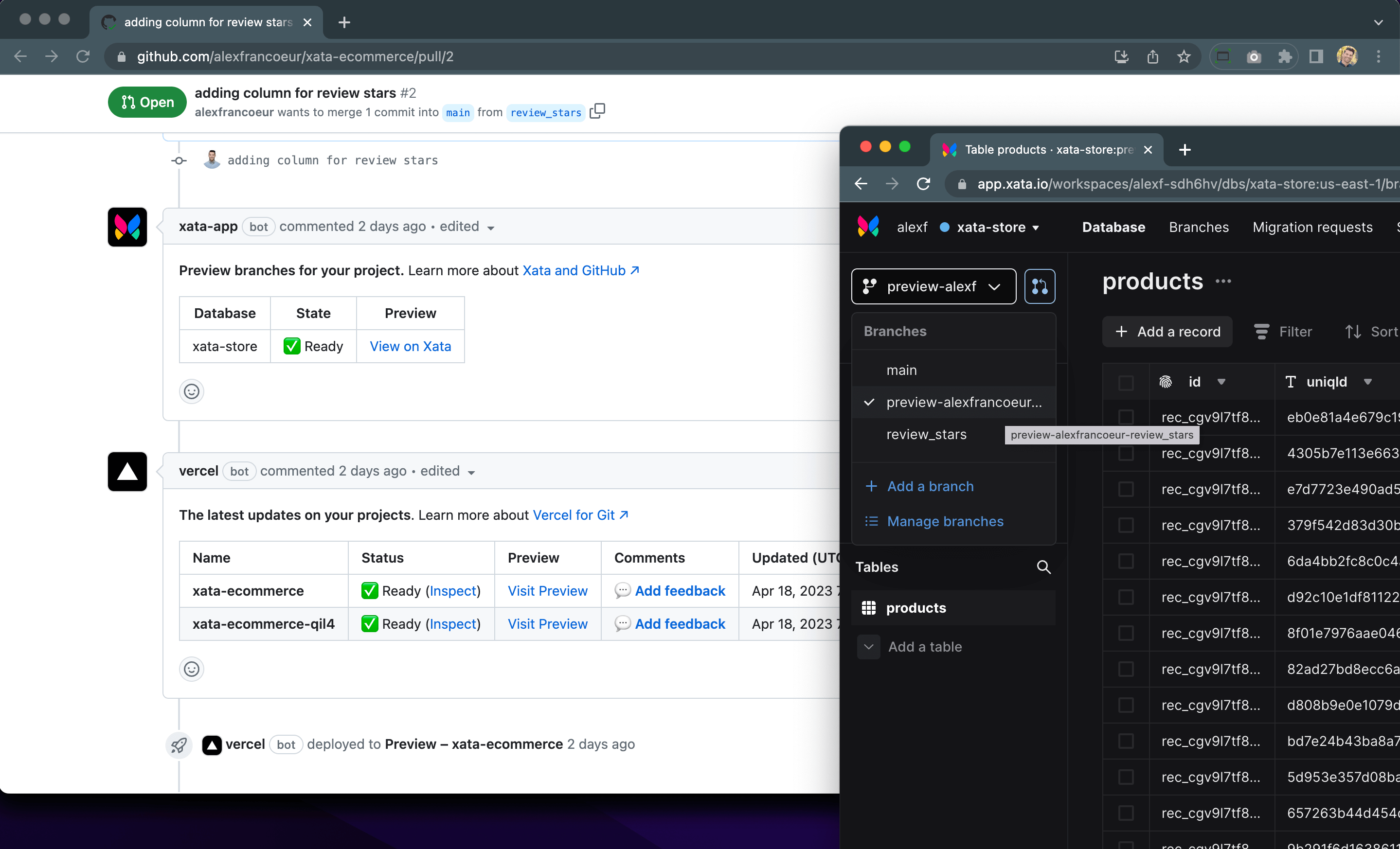 A screenshot of a preview branch and GitHub comment
